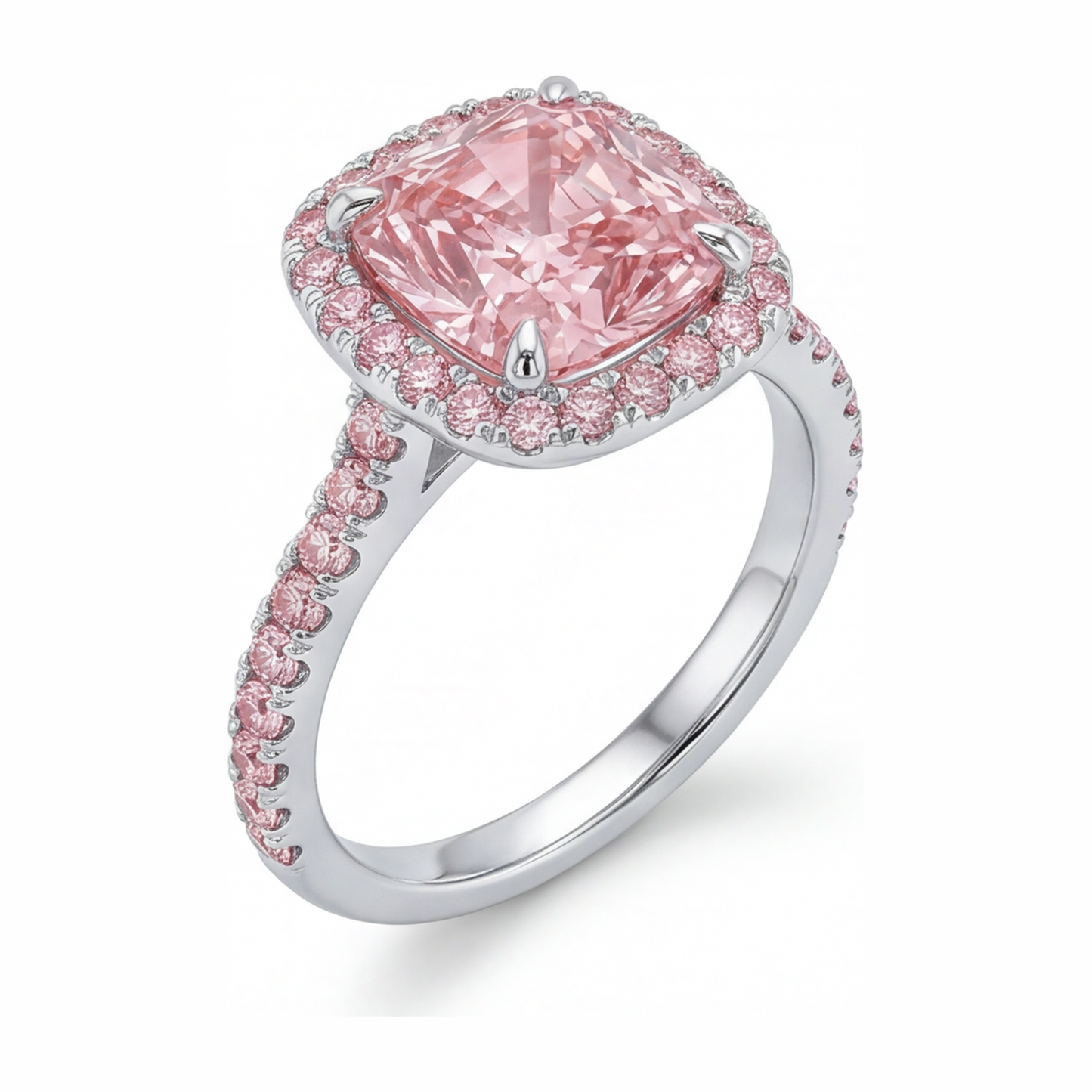 Pink Engagement Ring 3.25 Carat Lab Grown Cushion Diamond Halo Pave 14K White Gold