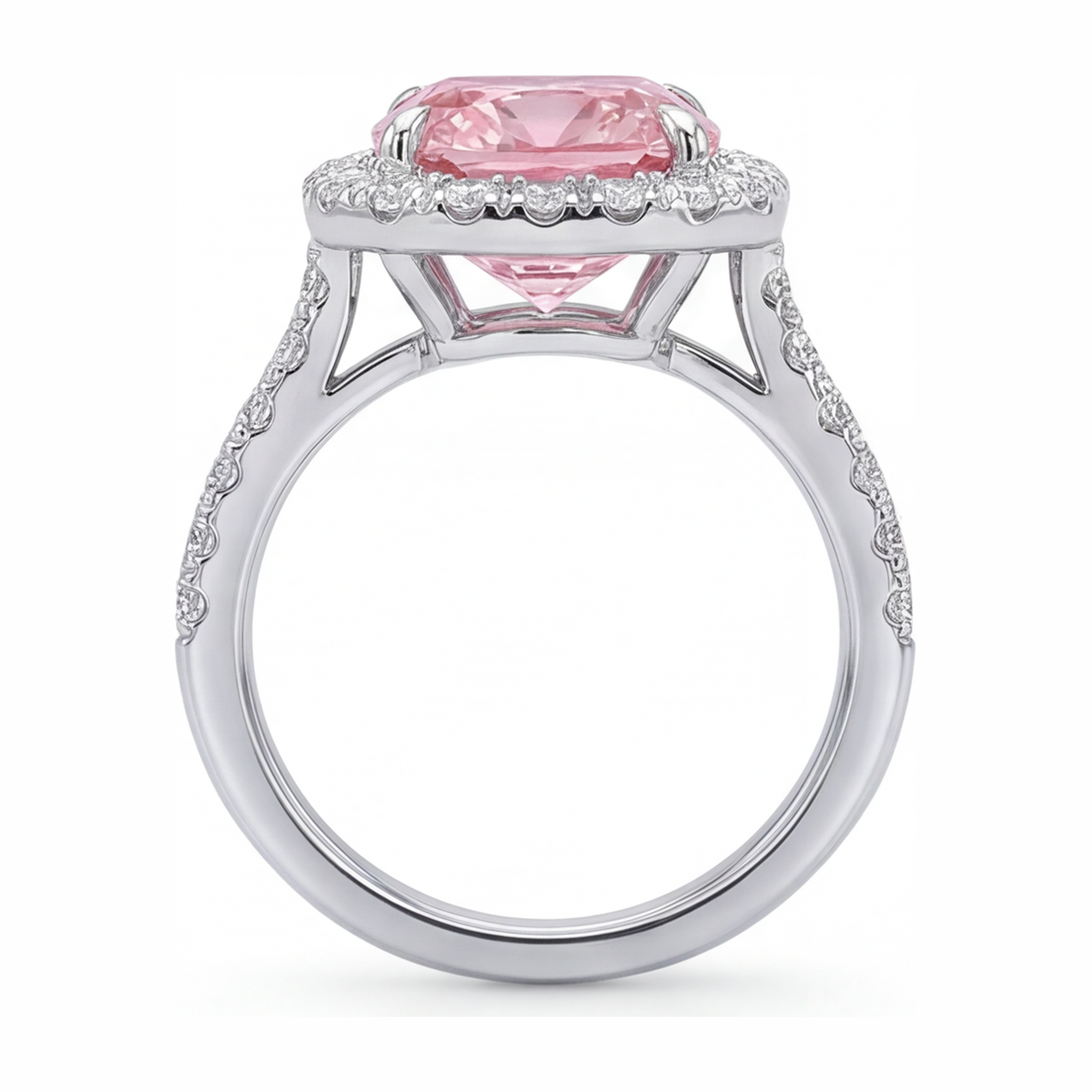 Pink Diamond Ring 3.25 Carat Lab Grown Cushion Halo Pave 14K White Gold