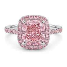 Pink Engagement Ring 3.25 Carat Lab Grown Cushion Diamond Halo Pave 14K White Gold