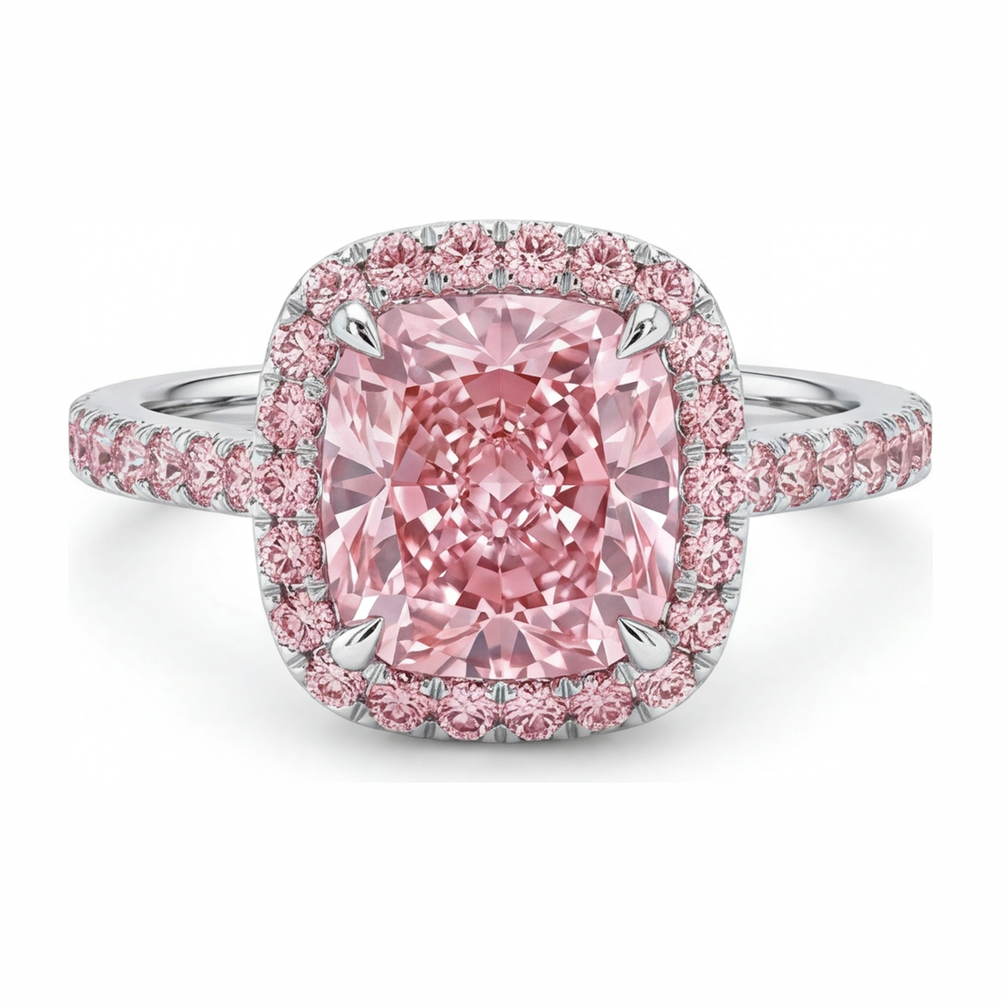 Pink Engagement Ring 3.25 Carat Lab Grown Cushion Diamond Halo Pave 14K White Gold