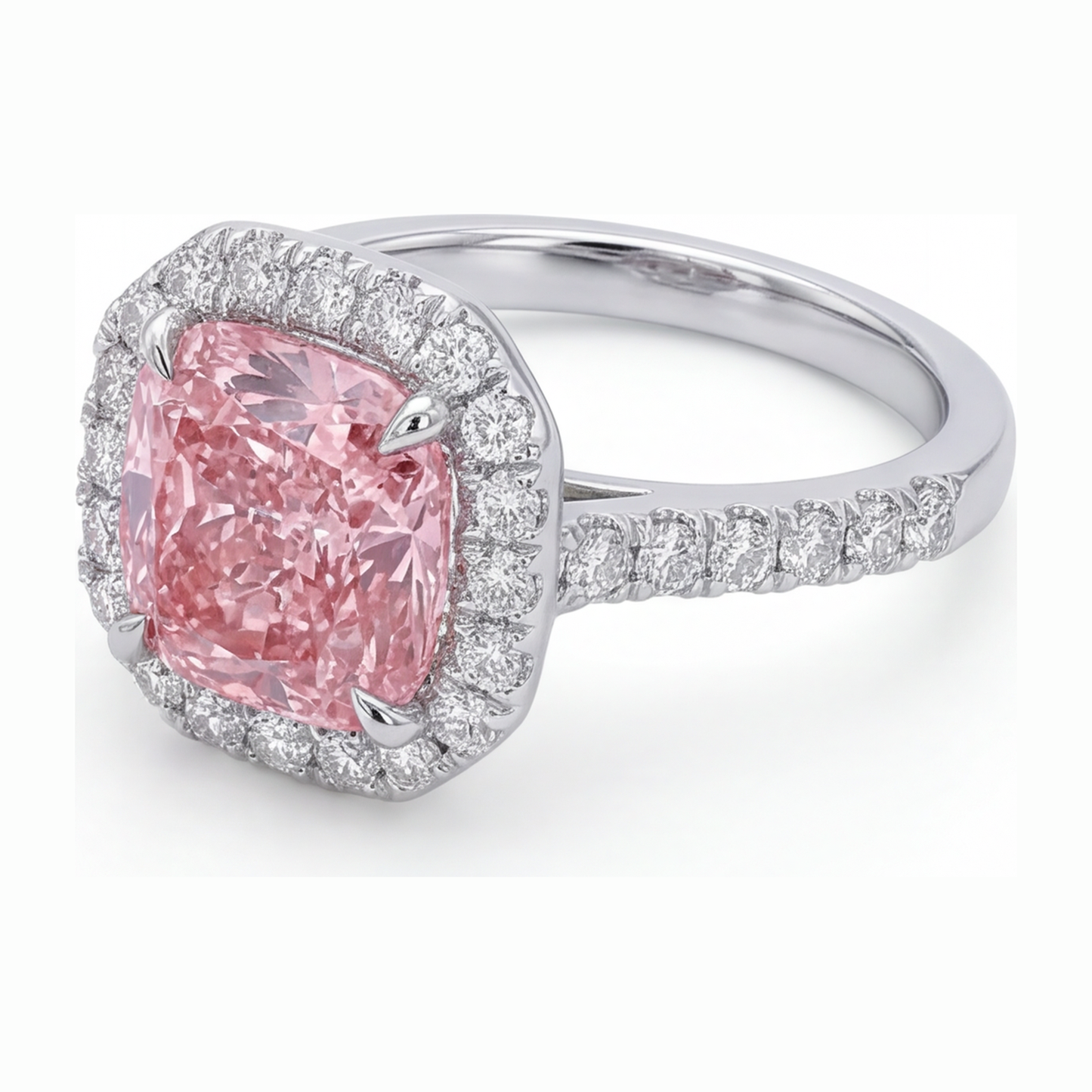 Pink Diamond Ring 3.25 Carat Lab Grown Cushion Halo Pave 14K White Gold