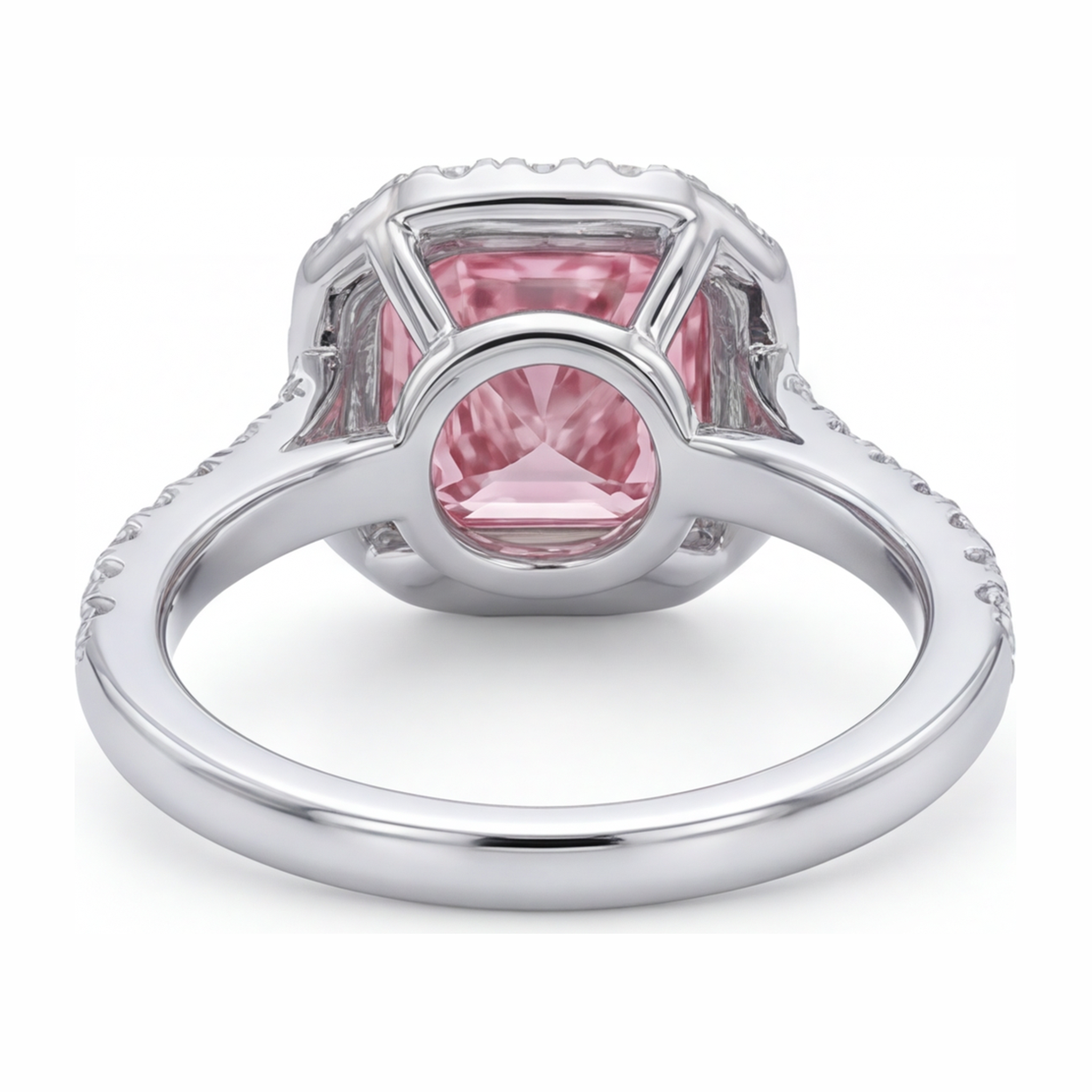 Pink Diamond Ring 3.25 Carat Lab Grown Cushion Halo Pave 14K White Gold