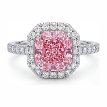 Pink Diamond Ring 3.25 Carat Lab Grown Cushion Halo Pave 14K White Gold