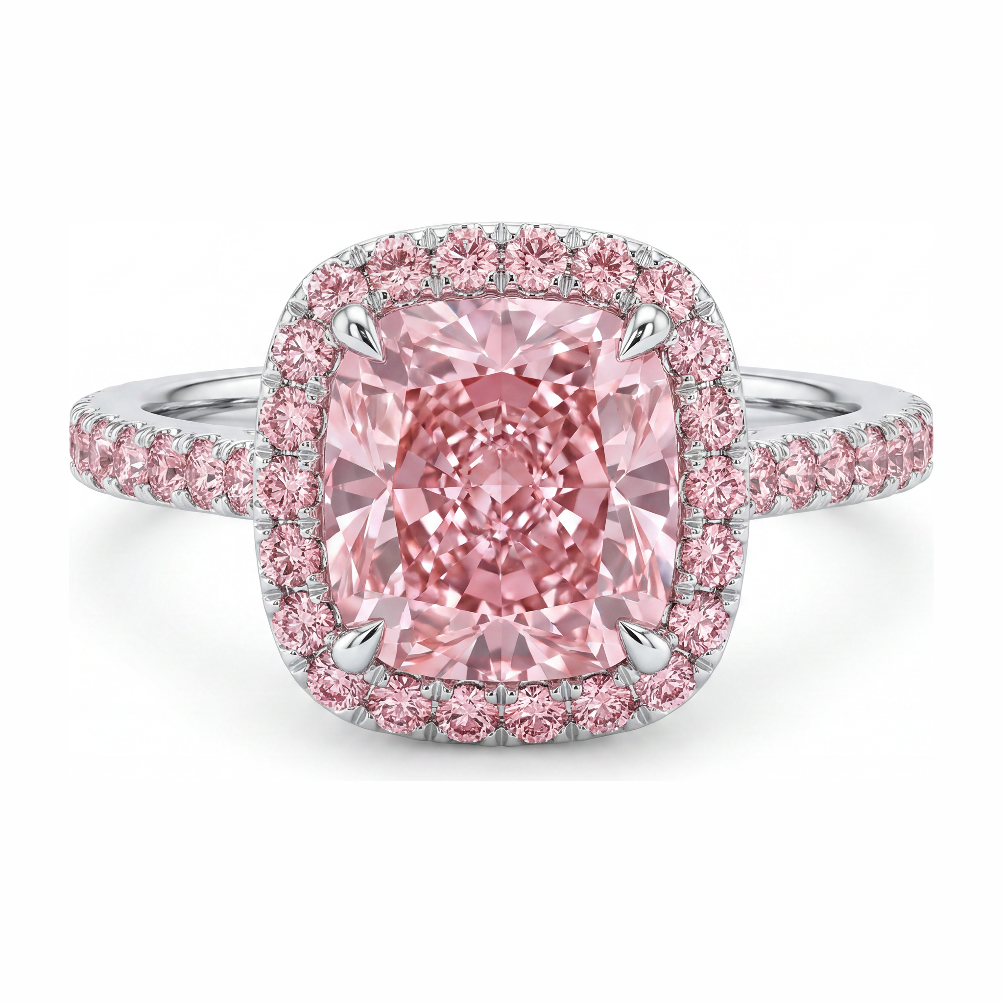 Pink Engagement Ring 3.25 Carat Lab Grown Cushion Diamond Halo Pave 14K White Gold