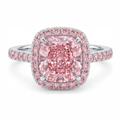 Pink Engagement Ring 3.25 Carat Lab Grown Cushion Diamond Halo Pave 14K White Gold