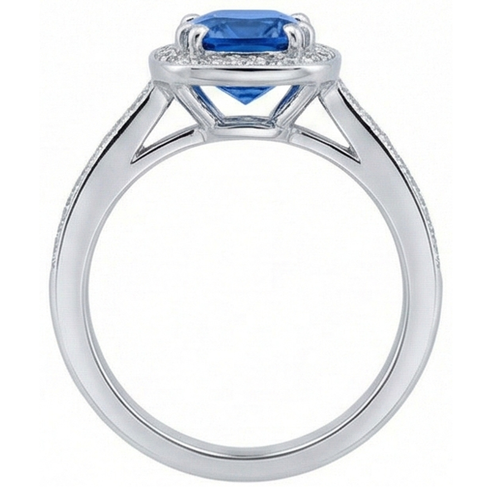 3.35 Carats Ceylon Blue Sapphire And Round Natural Earth Mined Diamonds Engagement Ring