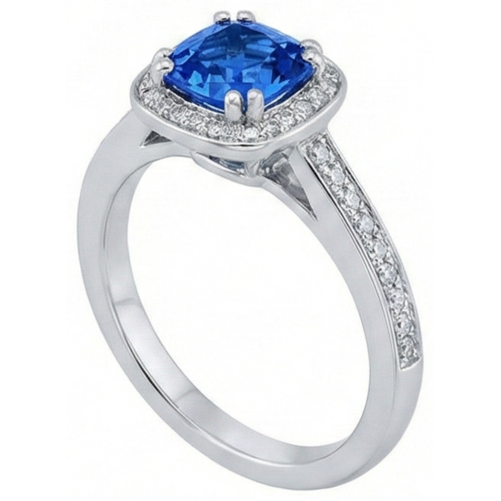 3.35 Carats Ceylon Blue Sapphire And Round Natural Earth Mined Diamonds Engagement Ring