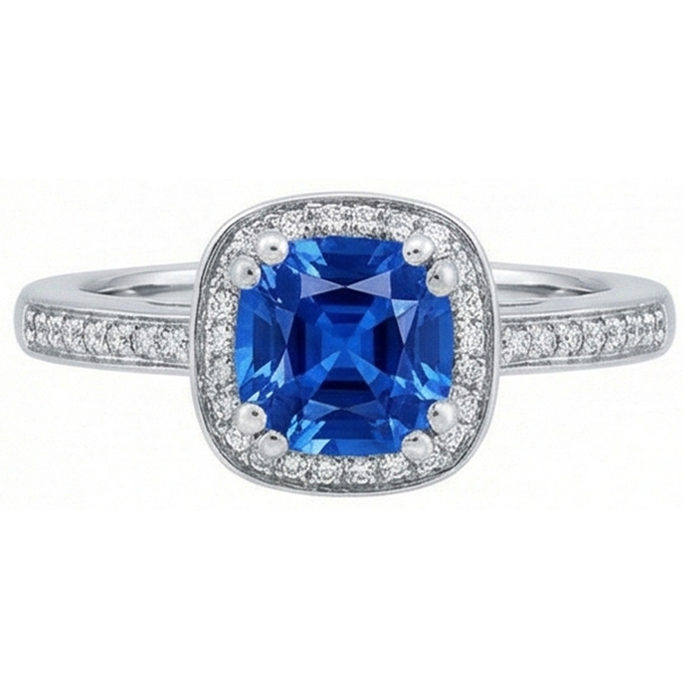 3.35 Carats Ceylon Blue Sapphire And Round Natural Earth Mined Diamonds Engagement Ring
