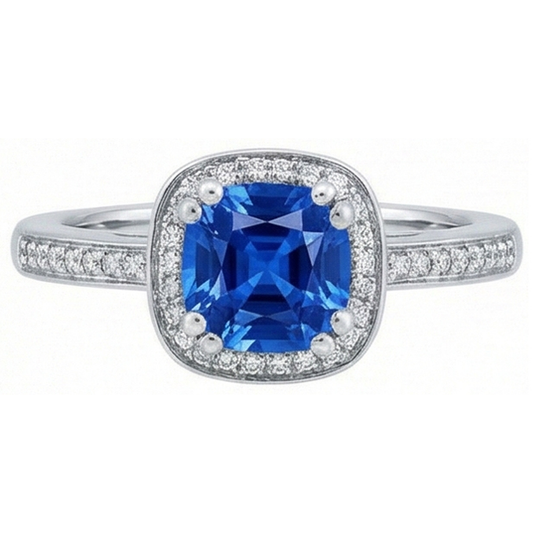 3.35 Carats Ceylon Blue Sapphire And Round Natural Earth Mined Diamonds Engagement Ring