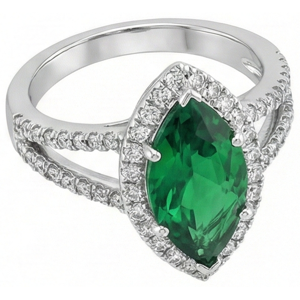 3.35 Carats Green Emerald With Natural Earth Mined DIAMOND ( NOT LAB GROWN )s Ring Prong Set White Gold 14K