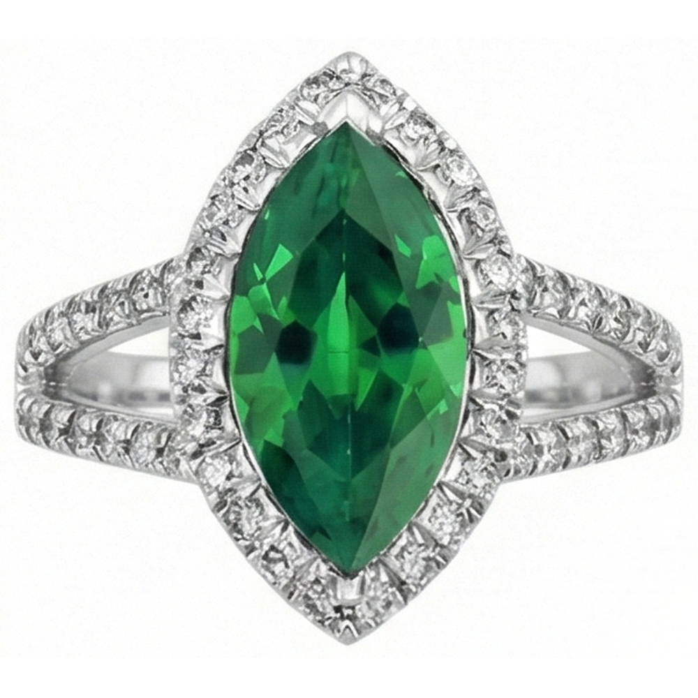 3.35 Carats Green Emerald With Natural Earth Mined DIAMOND ( NOT LAB GROWN )s Ring Prong Set White Gold 14K