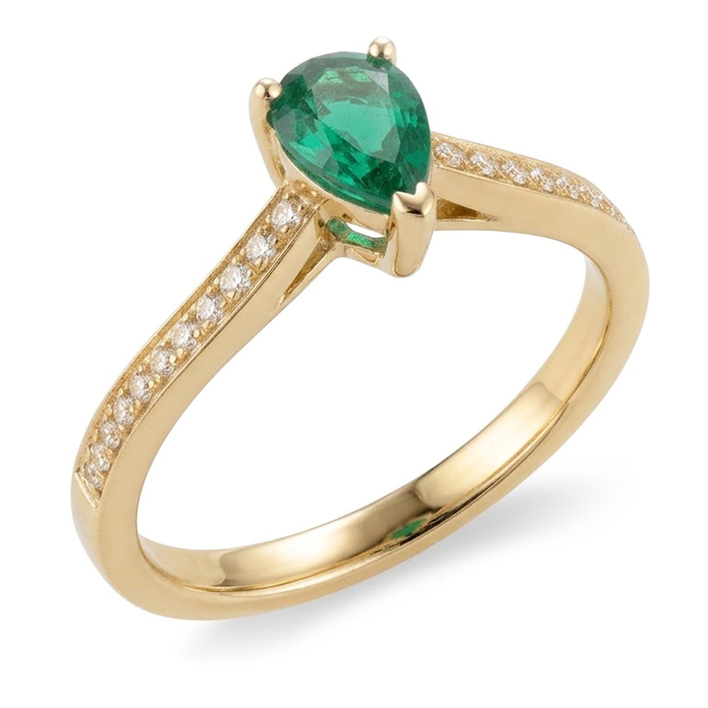 3.4 Ct Pear Cut Green Emerald Natural Earth Mined Diamond Wedding Ring Yellow Gold 14K
