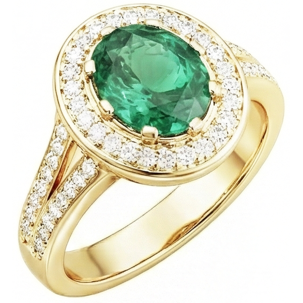 3.5 Ct Oval Cut Green Emerald With Halo Natural Earth Mined Diamond Ring