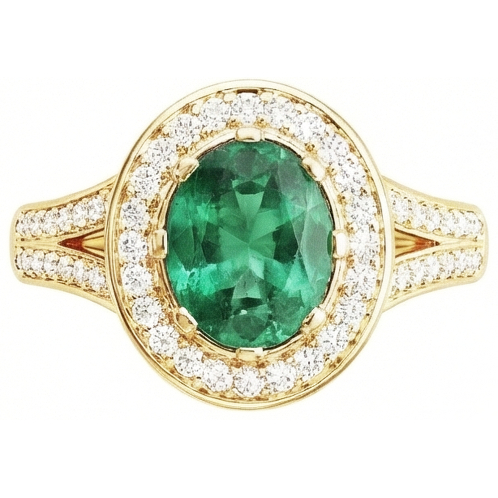 3.5 Ct Oval Cut Green Emerald With Halo Natural Earth Mined Diamond Ring