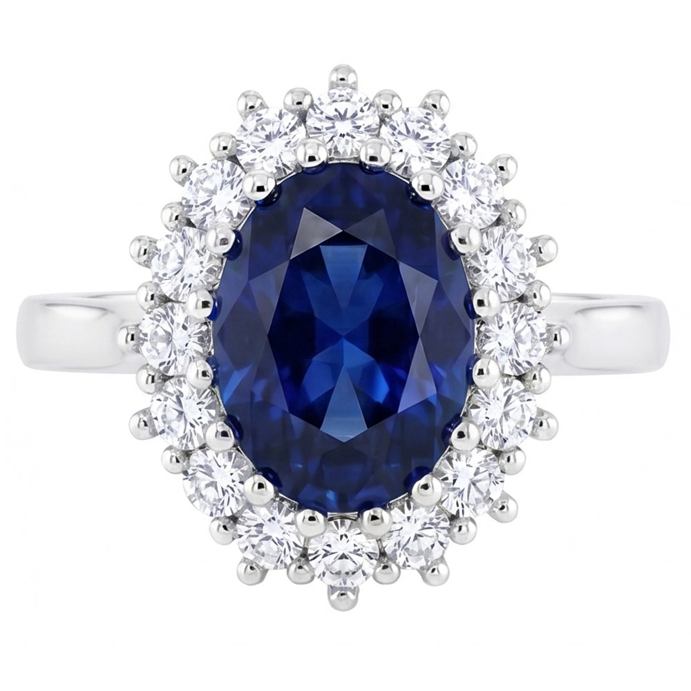 3.5 Ct Oval Shaped Ceylon Sapphire Round Natural Earth Mined Diamond Ring White Gold 14K