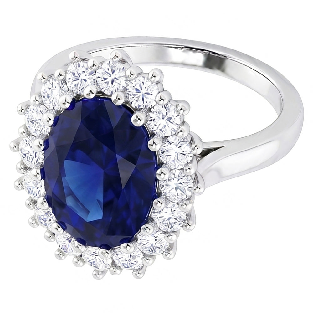 3.5 Ct Oval Shaped Ceylon Sapphire Round Natural Earth Mined Diamond Ring White Gold 14K
