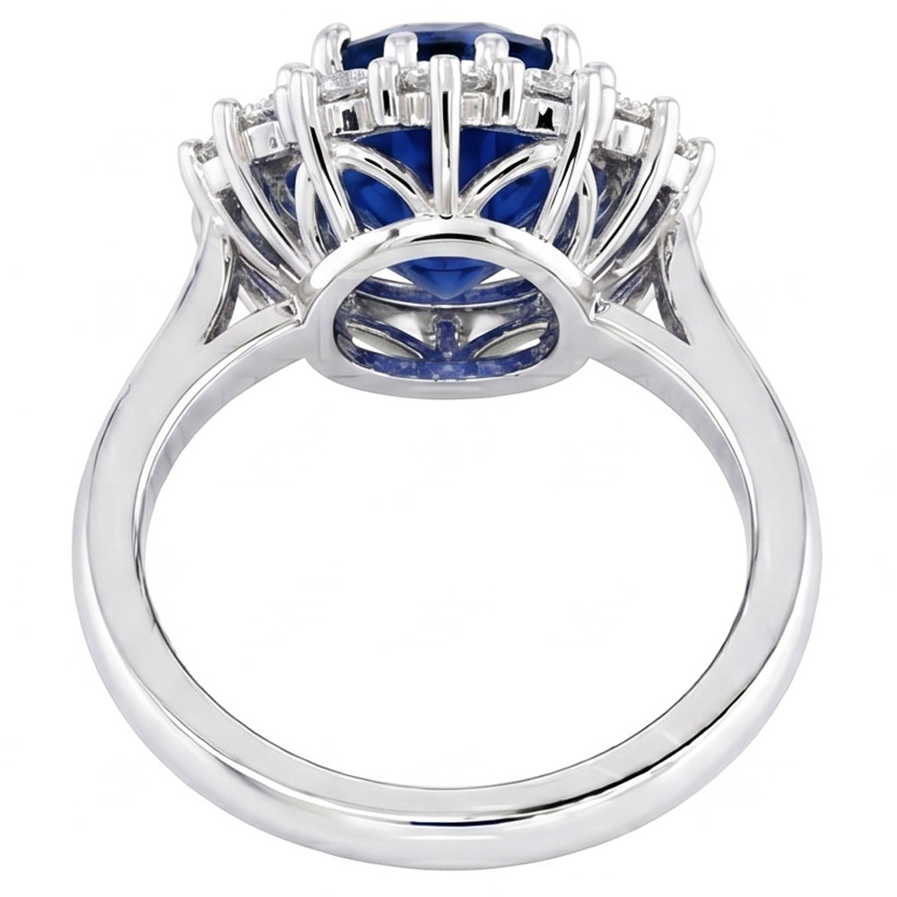 3.5 Ct Oval Shaped Ceylon Sapphire Round Natural Earth Mined Diamond Ring White Gold 14K