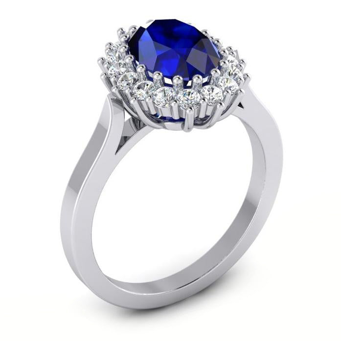 3.5 Ct Oval Shaped Ceylon Sapphire Round Natural Earth Mined Diamond Ring White Gold 14K