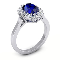 3.5 Ct Oval Shaped Ceylon Sapphire Round Natural Earth Mined Diamond Ring White Gold 14K