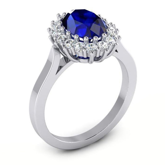 3.5 Ct Oval Shaped Ceylon Sapphire Round Natural Earth Mined Diamond Ring White Gold 14K