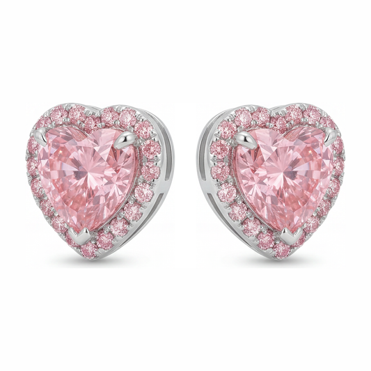 Pink Diamond Earrings 3.5 Carat Lab Grown Heart Halo 14K White Gold