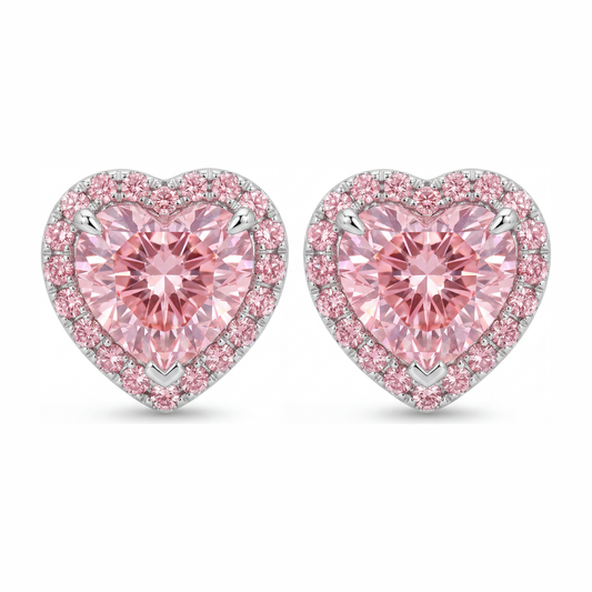 Pink Diamond Earrings 3.5 Carat Lab Grown Heart Halo 14K White Gold