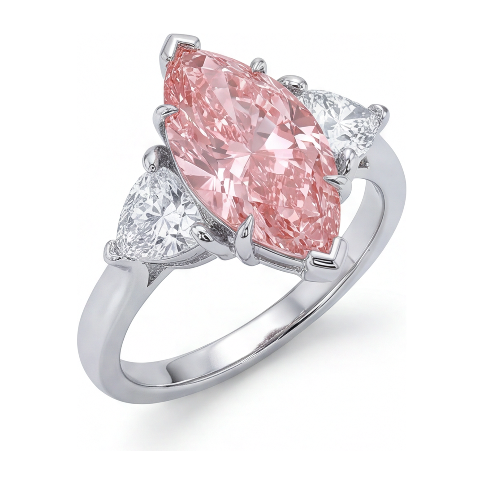 Lab Grown Pink Diamond 3.5 Carat Marquise Three Stone Ring 14K White Gold
