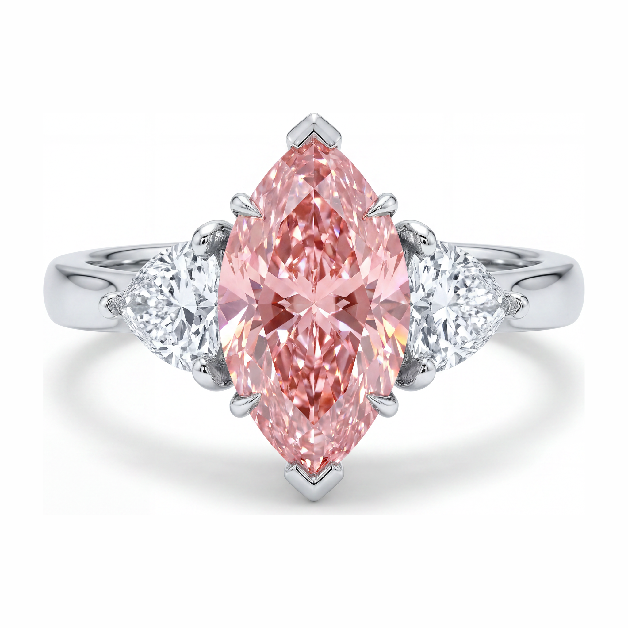 Lab Grown Pink Diamond 3.5 Carat Marquise Three Stone Ring 14K White Gold
