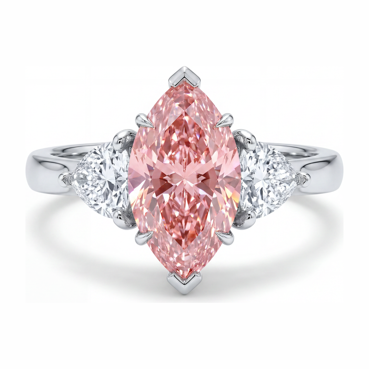 Lab Grown Pink Diamond 3.5 Carat Marquise Three Stone Ring 14K White Gold