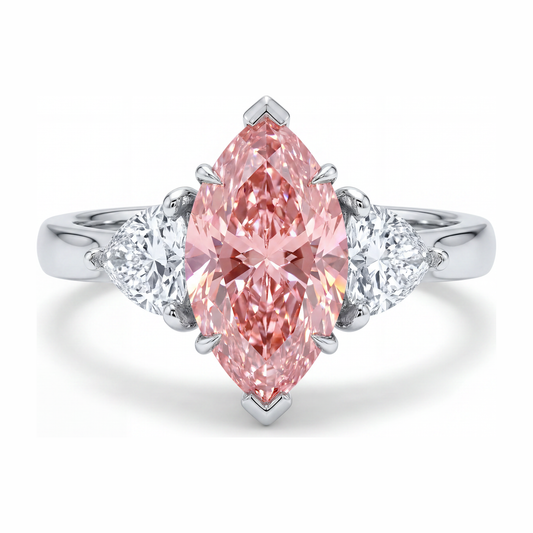 Lab Grown Pink Diamond 3.5 Carat Marquise Three Stone Ring 14K White Gold