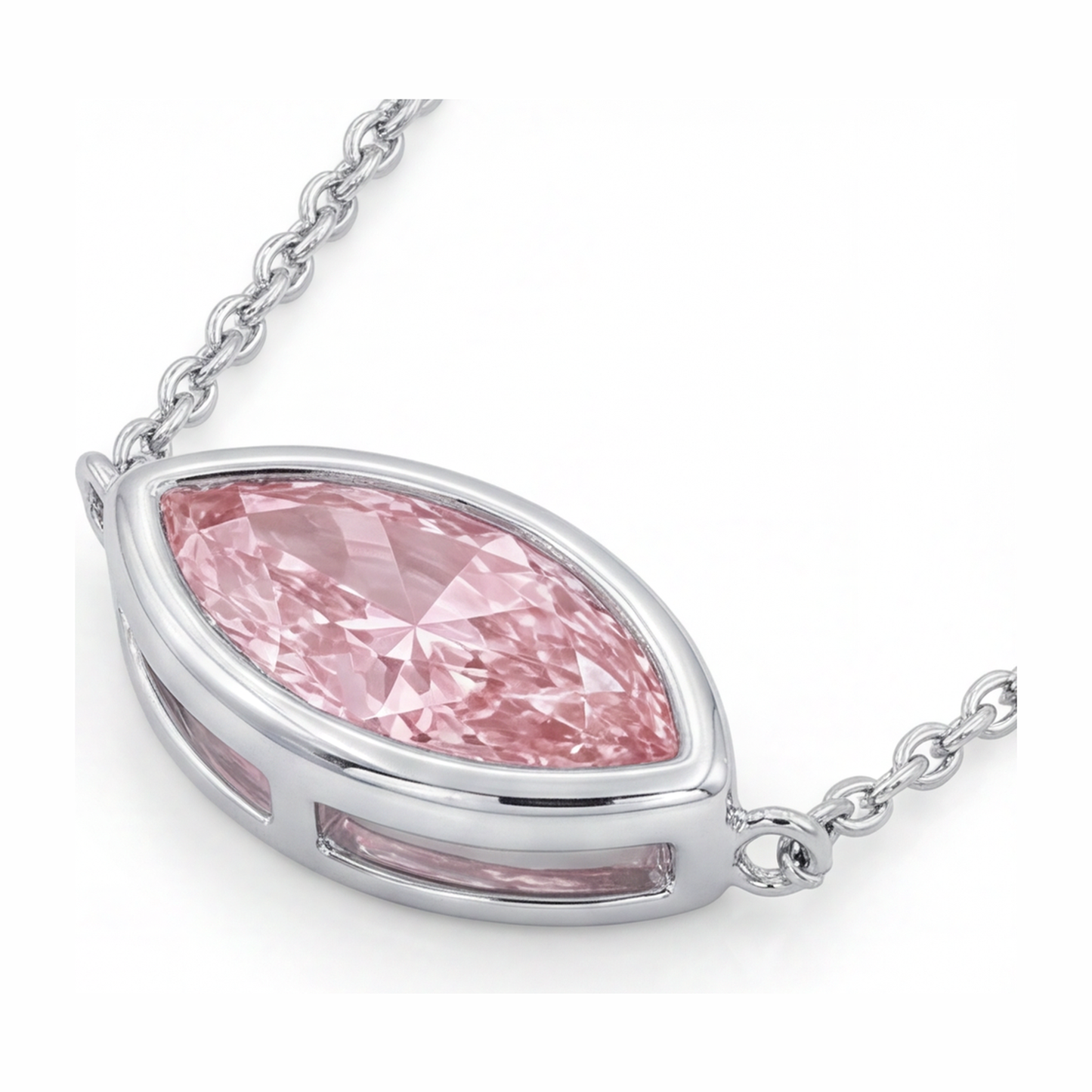 Pink Diamond Necklace 3.5 Carat Lab Grown Marquise Bezel Pendant 14K White Gold