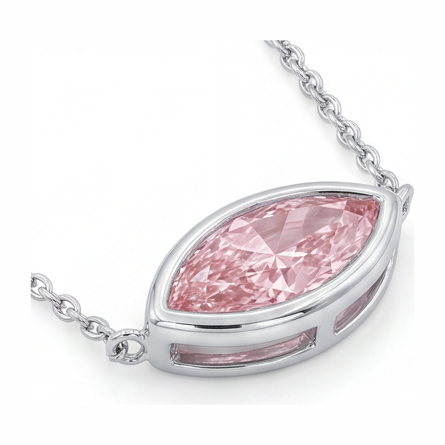 Pink Diamond Necklace 3.5 Carat Lab Grown Marquise Bezel Pendant 14K White Gold