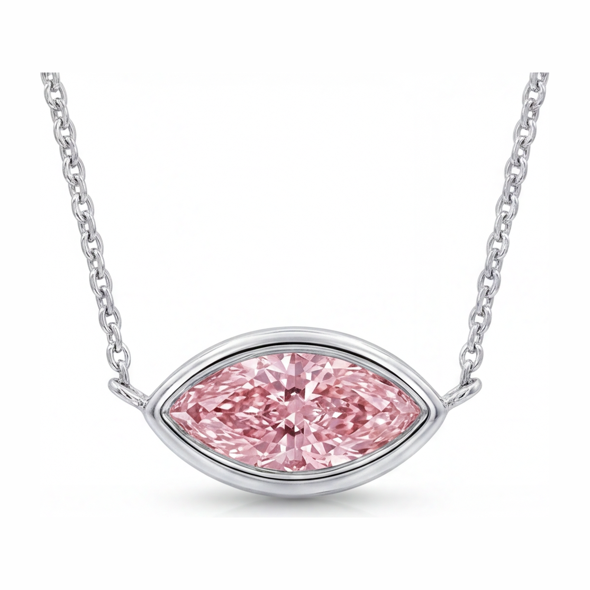 Pink Diamond Necklace 3.5 Carat Lab Grown Marquise Bezel Pendant 14K White Gold