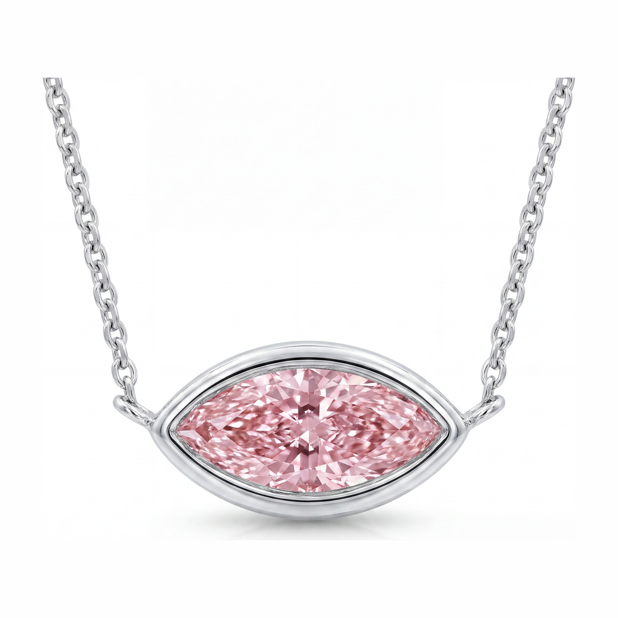 Pink Diamond Necklace 3.5 Carat Lab Grown Marquise Bezel Pendant 14K White Gold