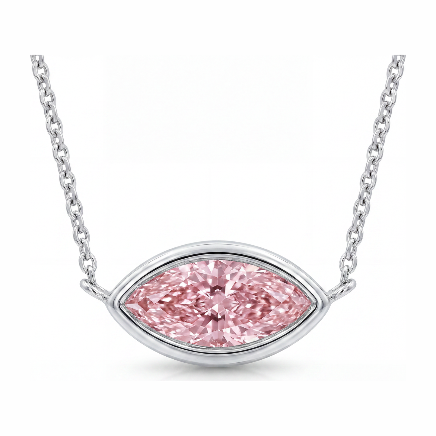 Pink Diamond Necklace 3.5 Carat Lab Grown Marquise Bezel Pendant 14K White Gold