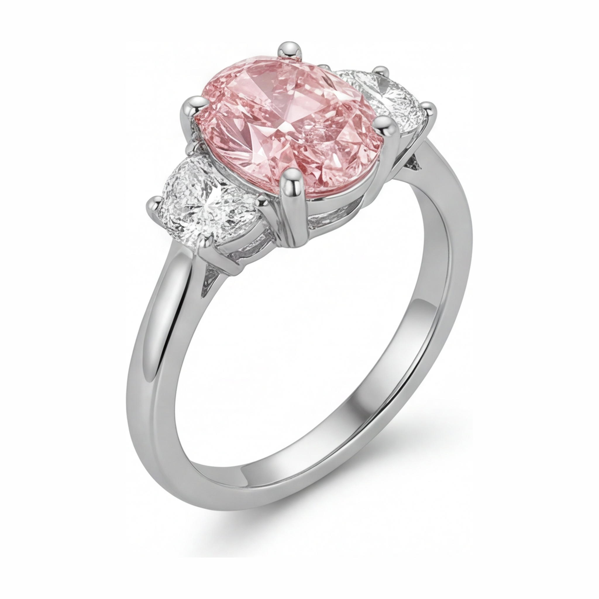 Lab Grown Pink Diamond 3.5 Carat Oval Three Stone Ring 14K White Gold