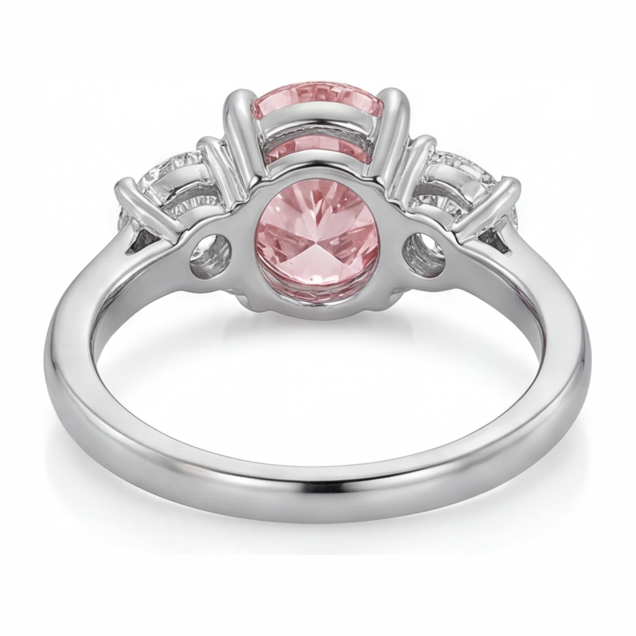 Lab Grown Pink Diamond 3.5 Carat Oval Three Stone Ring 14K White Gold