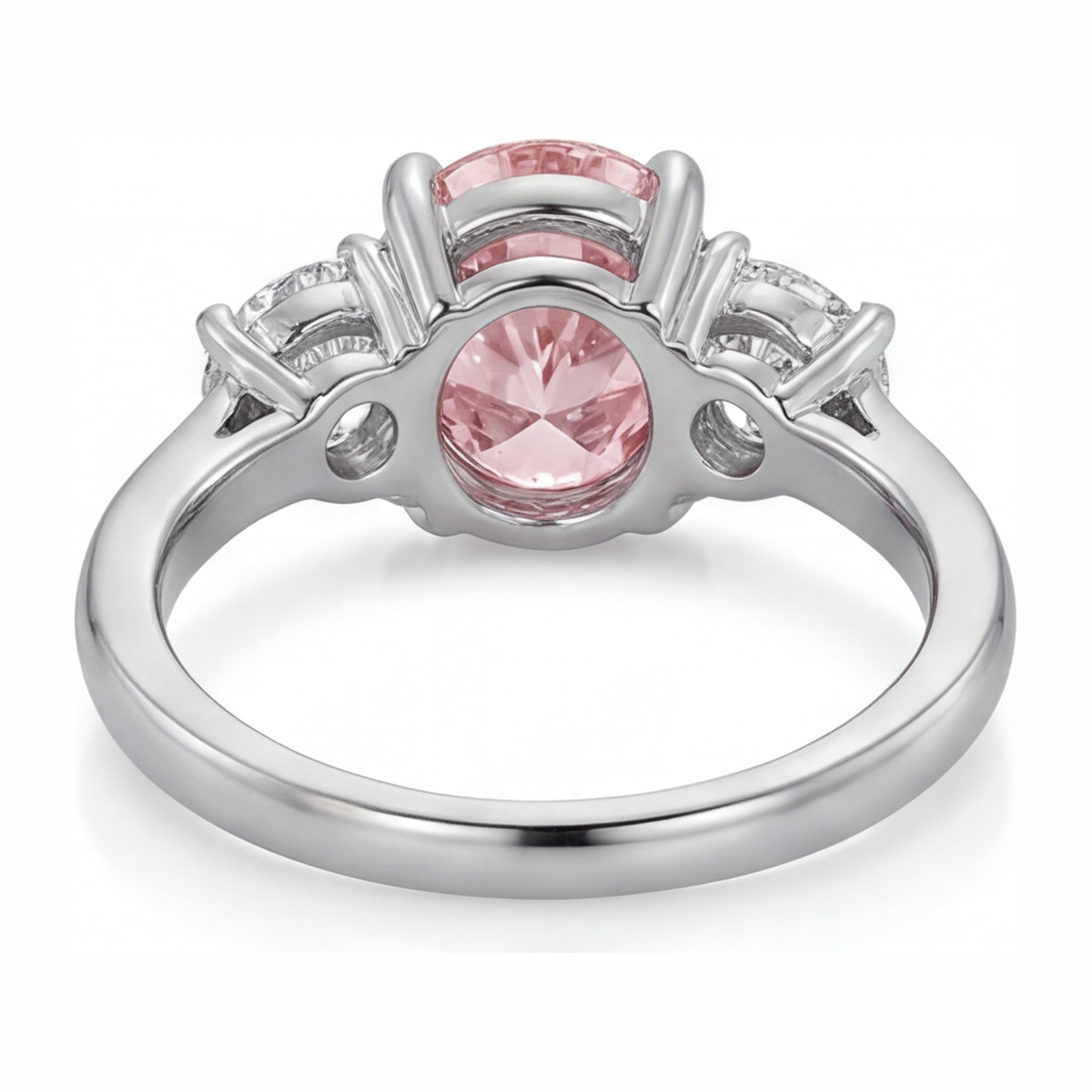 Lab Grown Pink Diamond 3.5 Carat Oval Three Stone Ring 14K White Gold