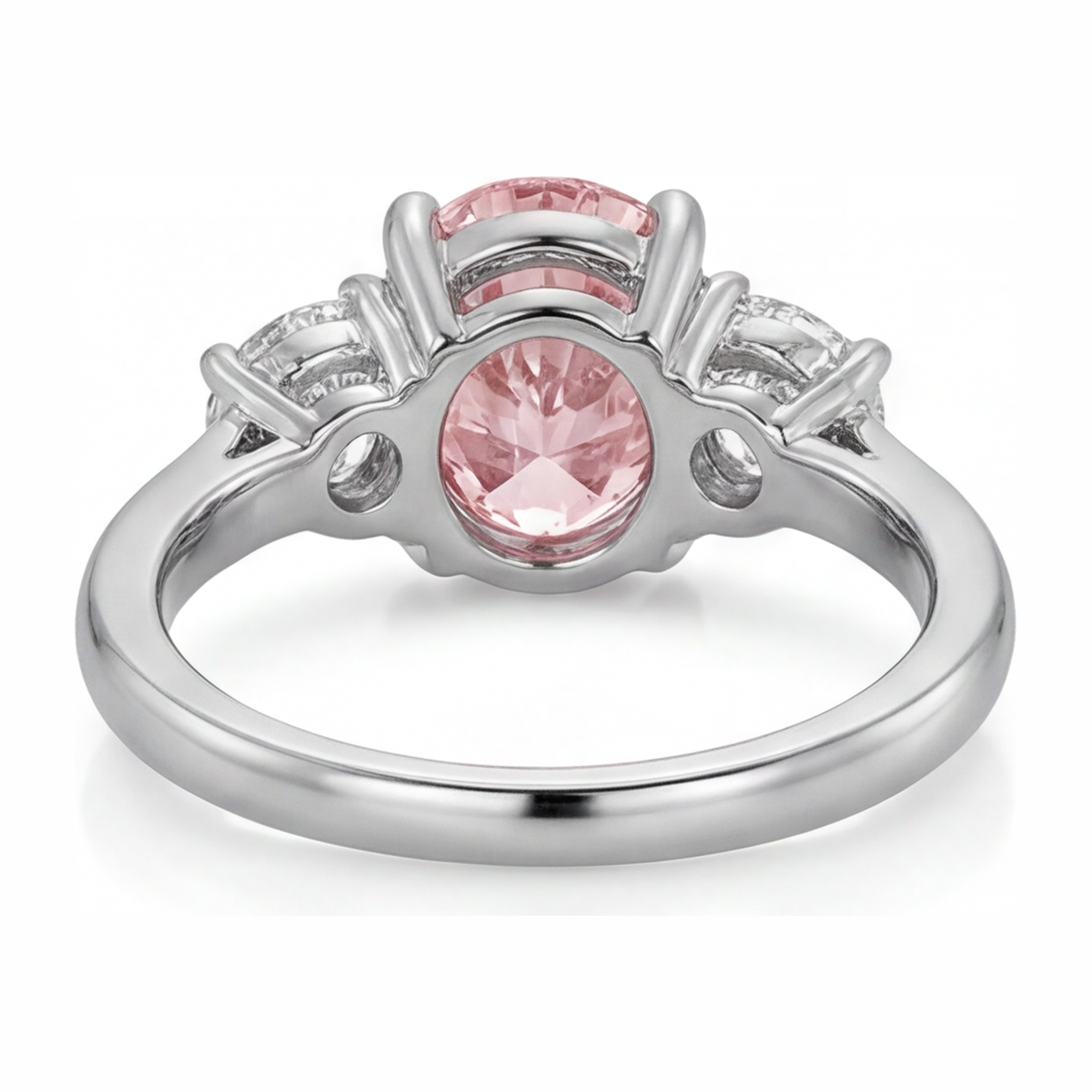 Lab Grown Pink Diamond 3.5 Carat Oval Three Stone Ring 14K White Gold