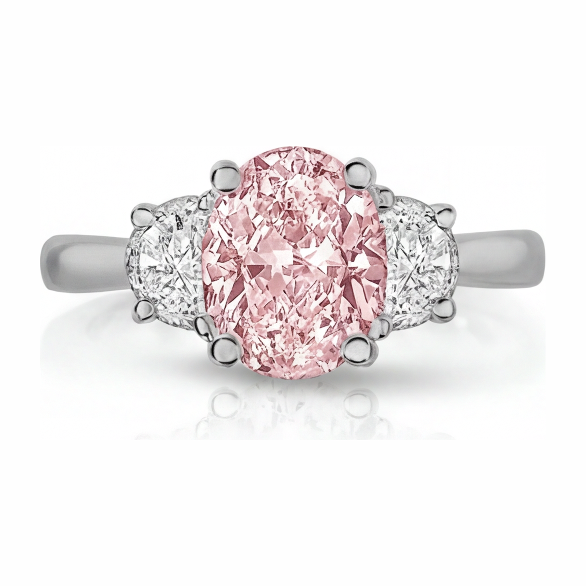 Lab Grown Pink Diamond 3.5 Carat Oval Three Stone Ring 14K White Gold