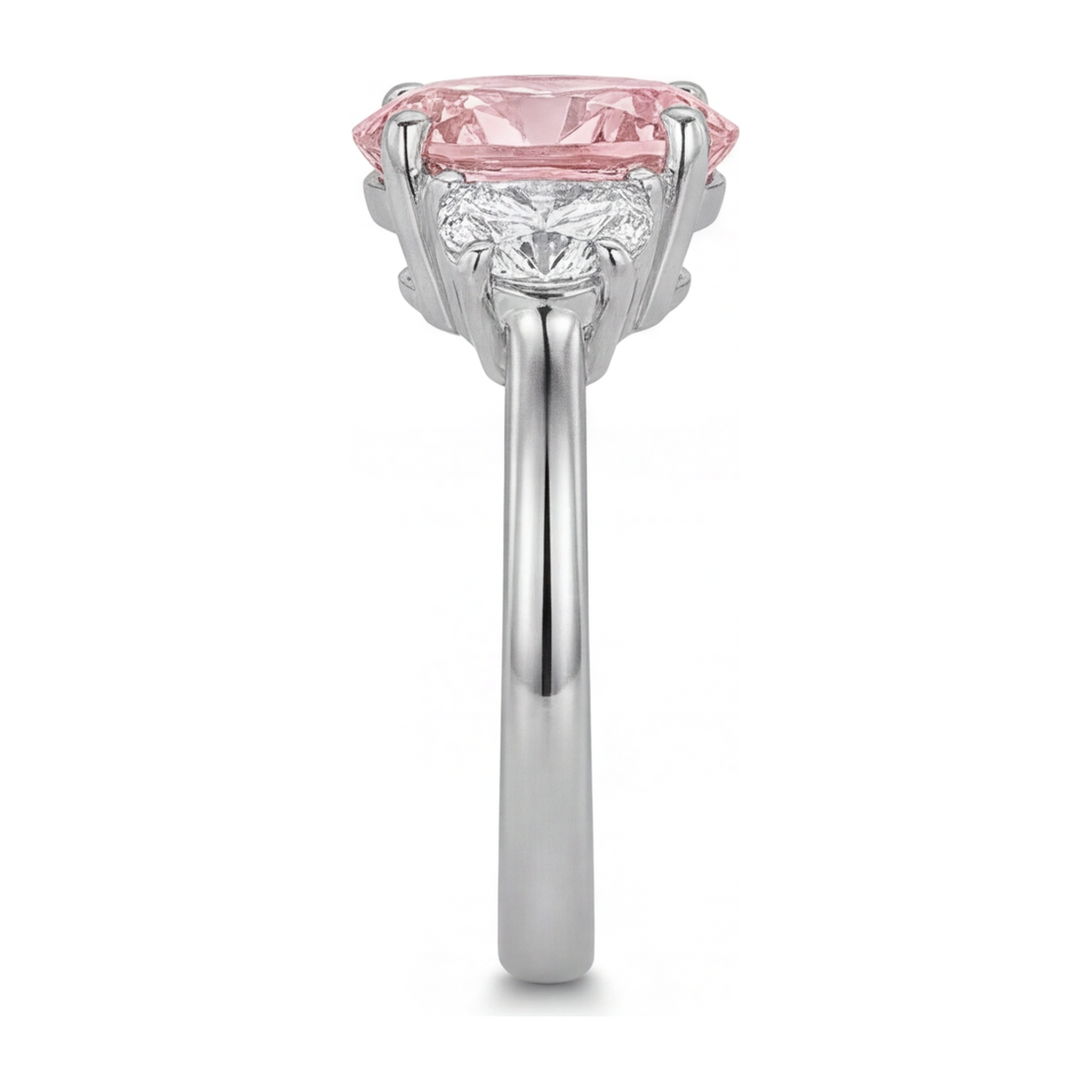 Lab Grown Pink Diamond 3.5 Carat Oval Three Stone Ring 14K White Gold