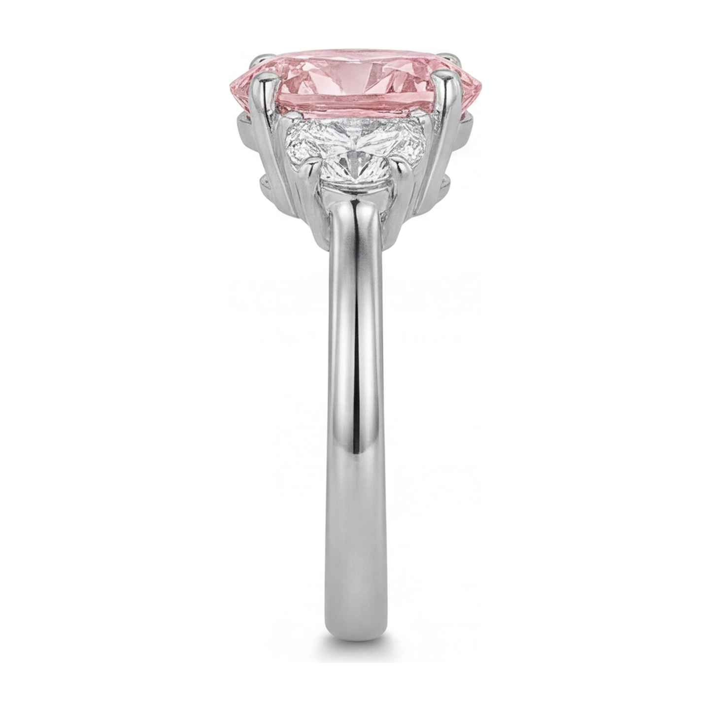 Lab Grown Pink Diamond 3.5 Carat Oval Three Stone Ring 14K White Gold