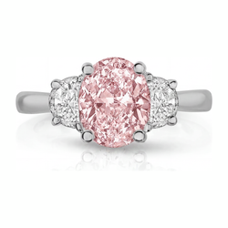 Lab Grown Pink Diamond 3.5 Carat Oval Three Stone Ring 14K White Gold