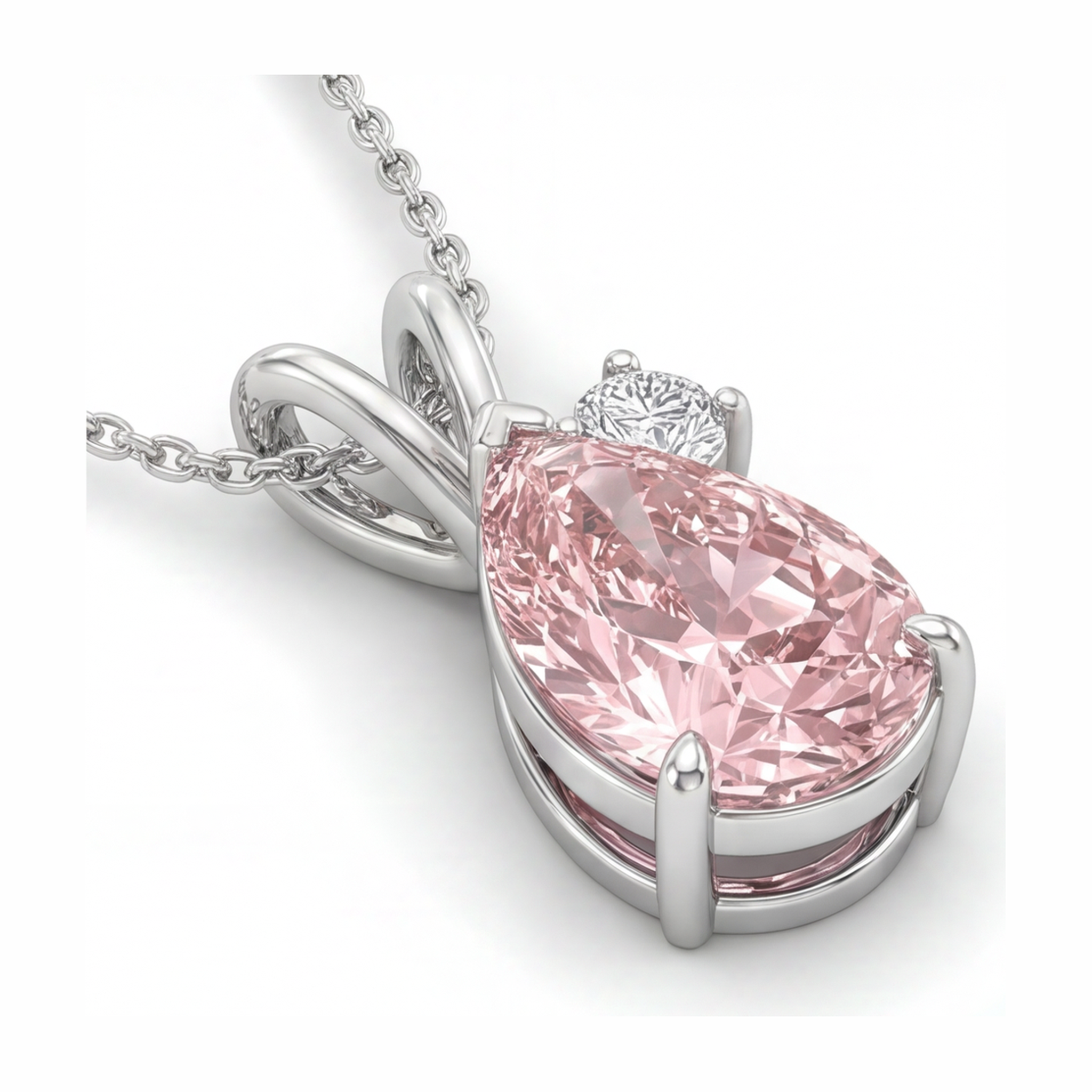 Lab Grown Pink Diamond Necklace 3.5 Carat Pear Bypass Pendant 14K White Gold
