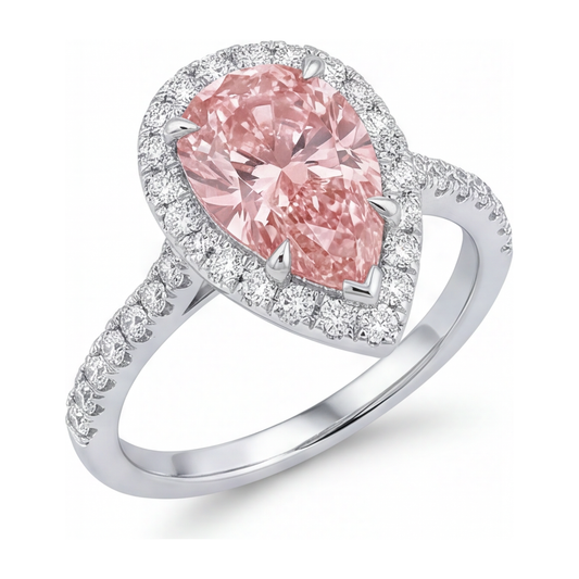 Pink Diamond Engagement Ring 3.5 Carat Lab Grown Pear Halo 14K White Gold