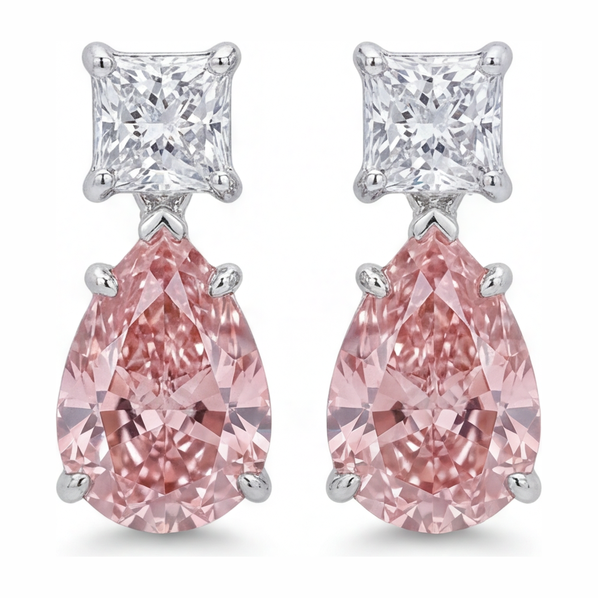 Pink Diamond Earrings 3.5 Carat Lab Grown Pear Solitaire 14K White Gold