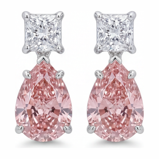 Pink Diamond Earrings 3.5 Carat Lab Grown Pear Solitaire 14K White Gold