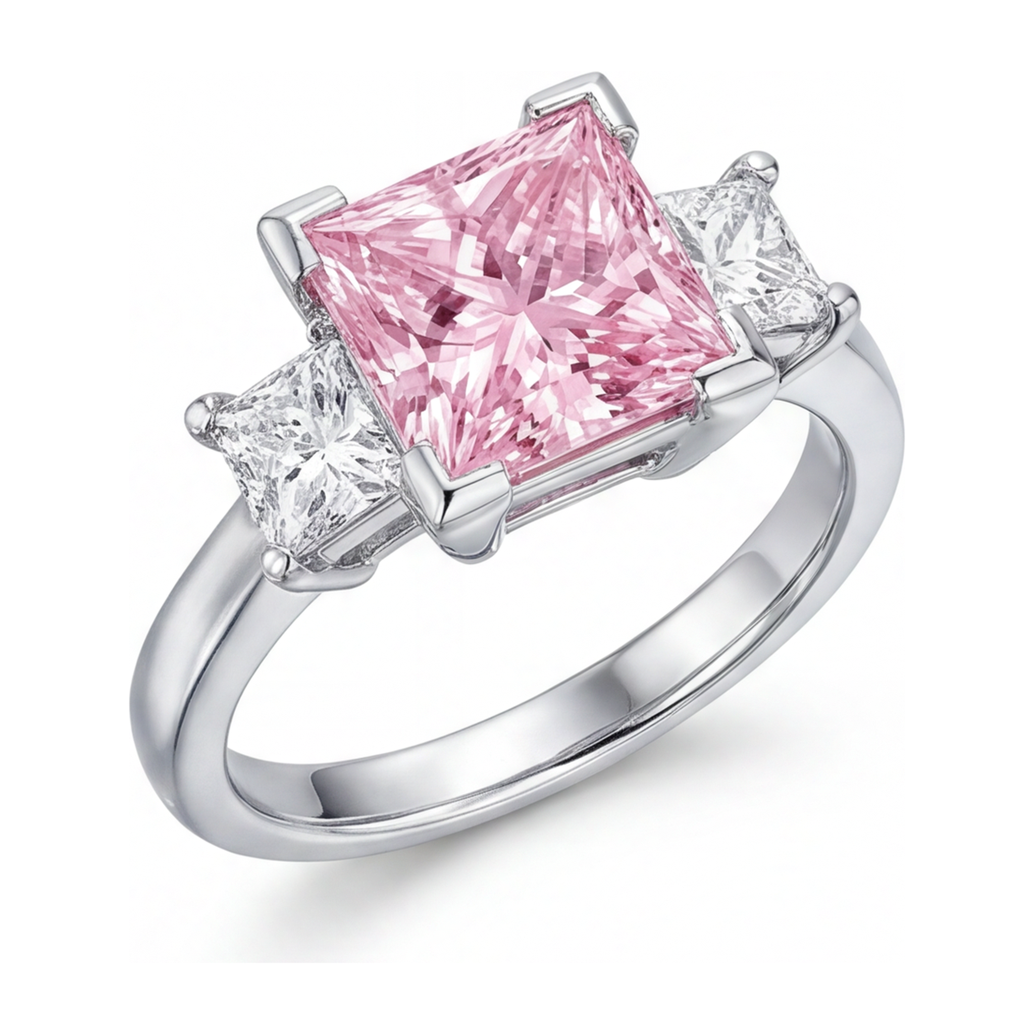 Pink Diamond Ring 3.5 Carat Lab Grown Princess Three Stone 14K White Gold