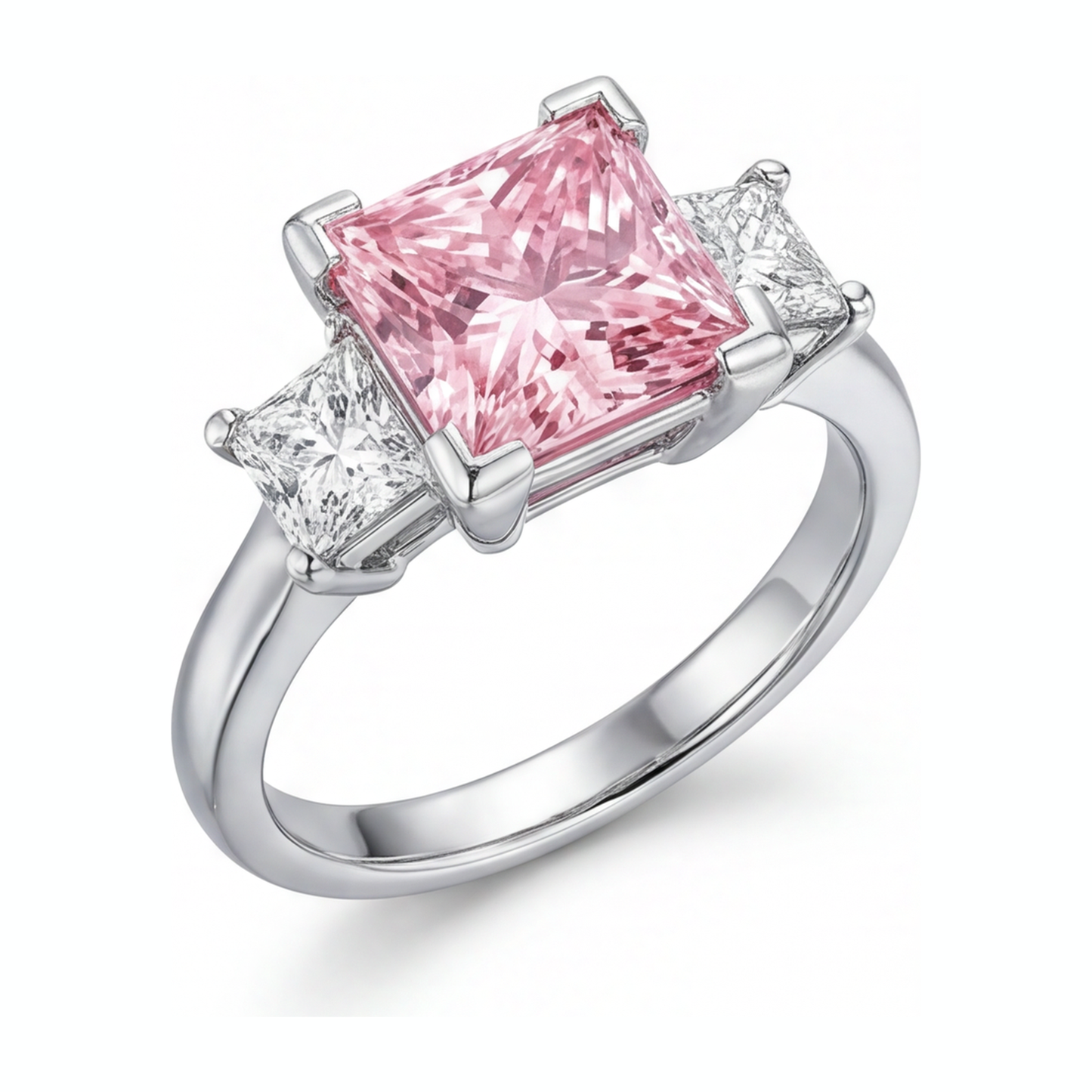 Pink Diamond Ring 3.5 Carat Lab Grown Princess Three Stone 14K White Gold