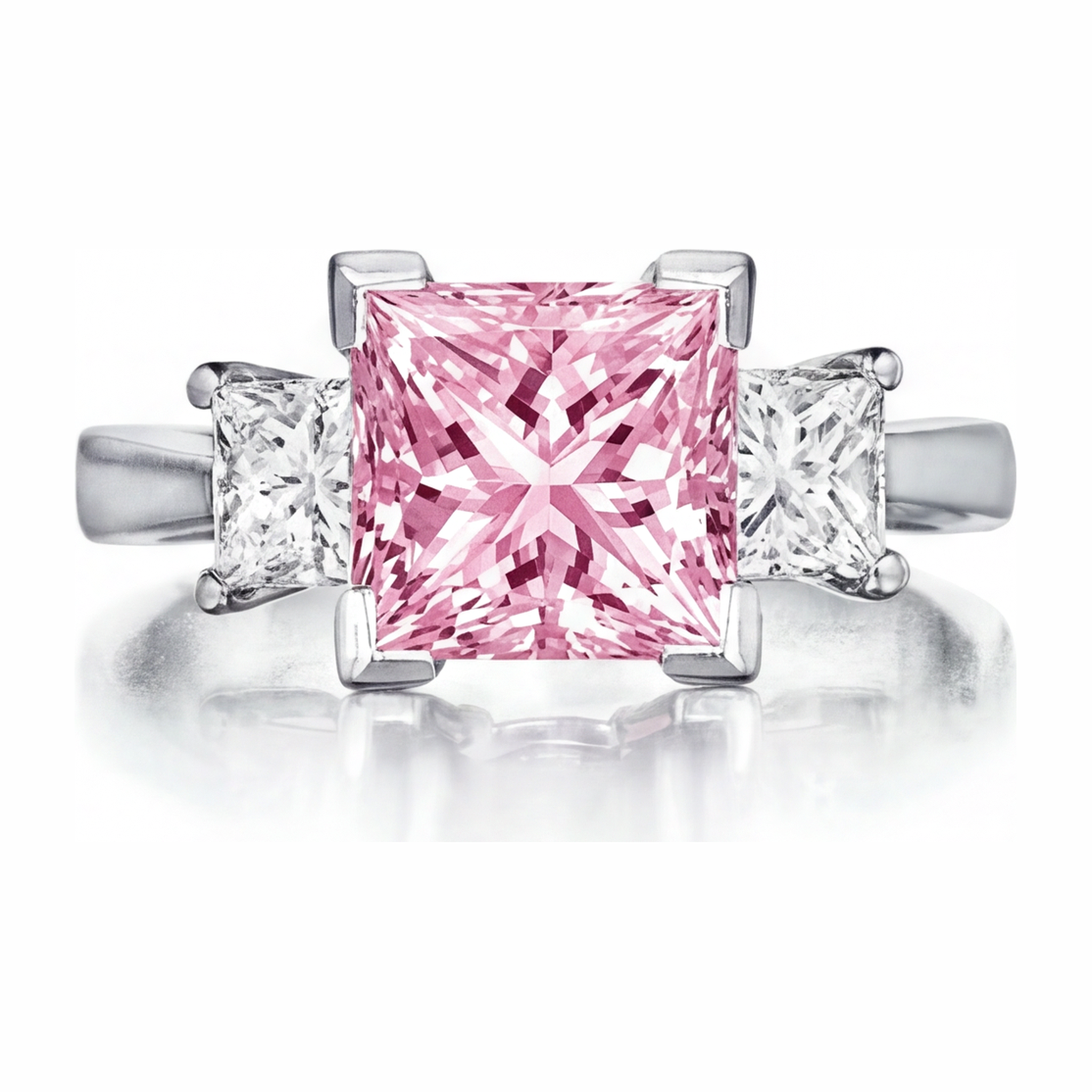 Pink Diamond Ring 3.5 Carat Lab Grown Princess Three Stone 14K White Gold